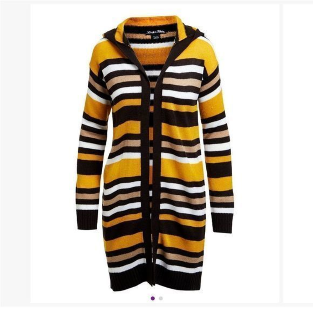 Evelyn Taylor striped yellow and black hooded cardigan